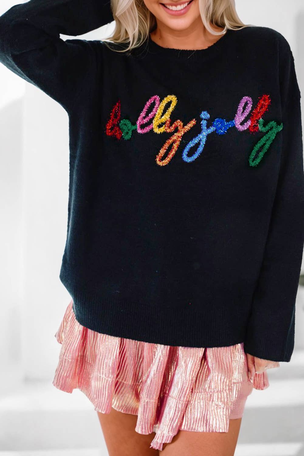 Black Holly Jolly Round Neck Casual Sweater