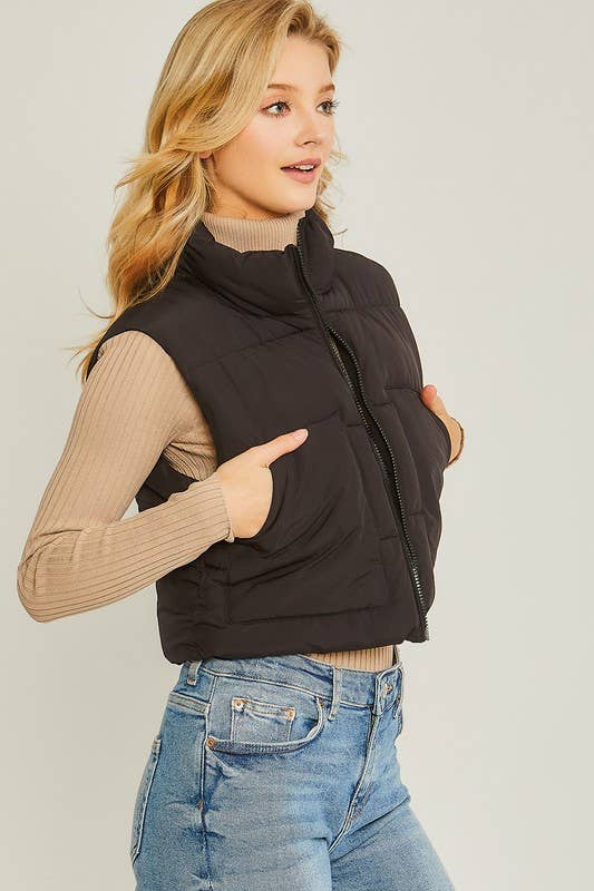 Puffer Vest With Pockets:BLACK