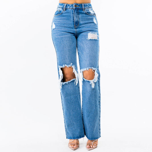 HIGH WAIST WIDE LEG DISTRESSED JEANS