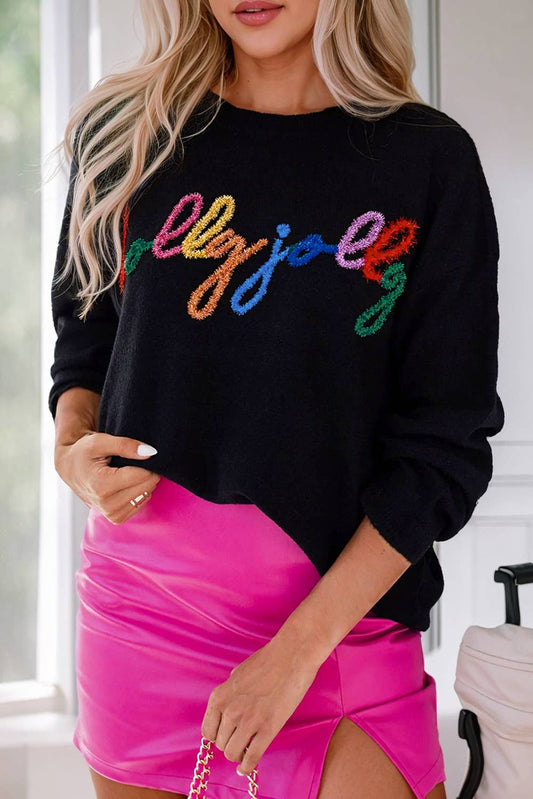 Black Holly Jolly Round Neck Casual Sweater