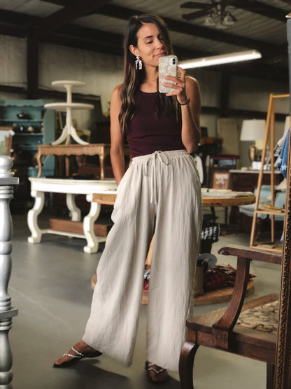 Drawstring linen Wide-leg pants